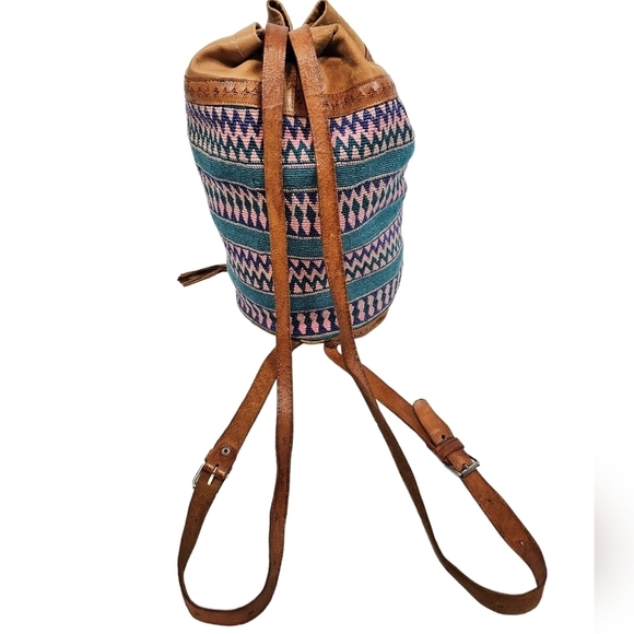 Vintage 90s‎ Pastel Bohemian Aztec Textile & Leather Backpack Bag - Picture 4 of 9